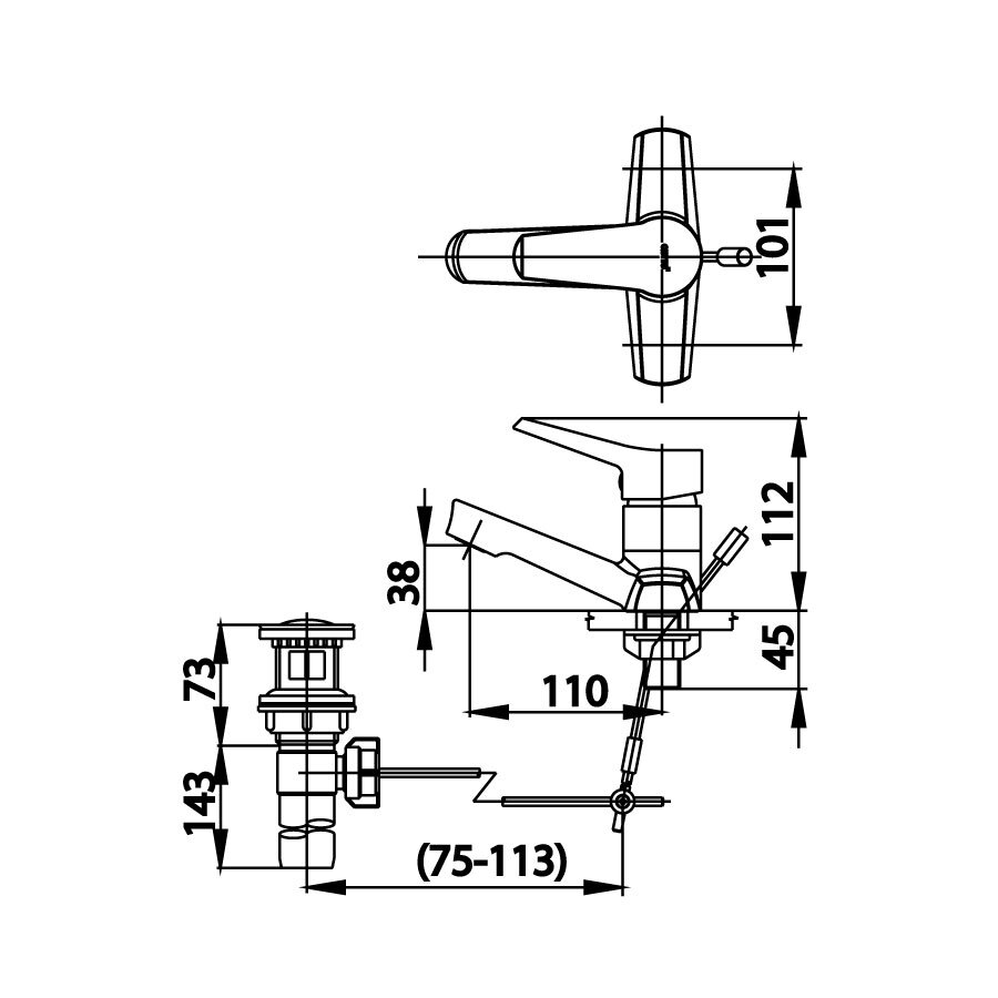 Bản vẽ kỹ thuật vòi lavabo nóng lạnh COTTO 3 lỗ CT2179AE 