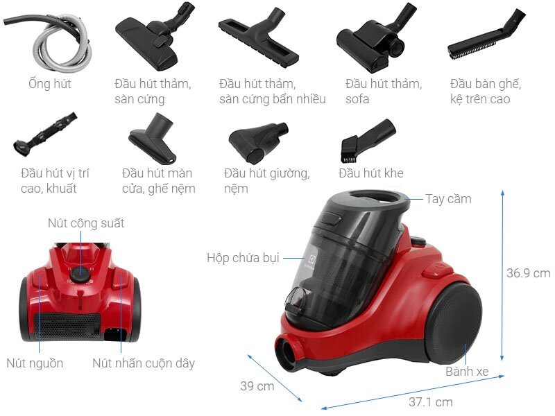 Máy hút bụi dạng hộp Electrolux EC41-6CR đi kèm với bộ 8 đầu hút tiện dụng