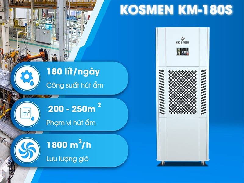 Máy hút ẩm Kosmen KM 180S có công suất hút ẩm cao, phù hợp dùng cho nhà xưởng