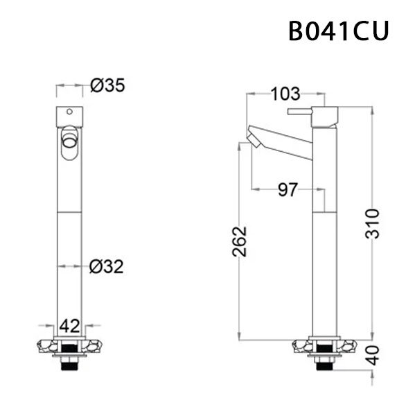 Bản vẽ kỹ thuật vòi chậu cổ cao lạnh Caesar B 041 CU