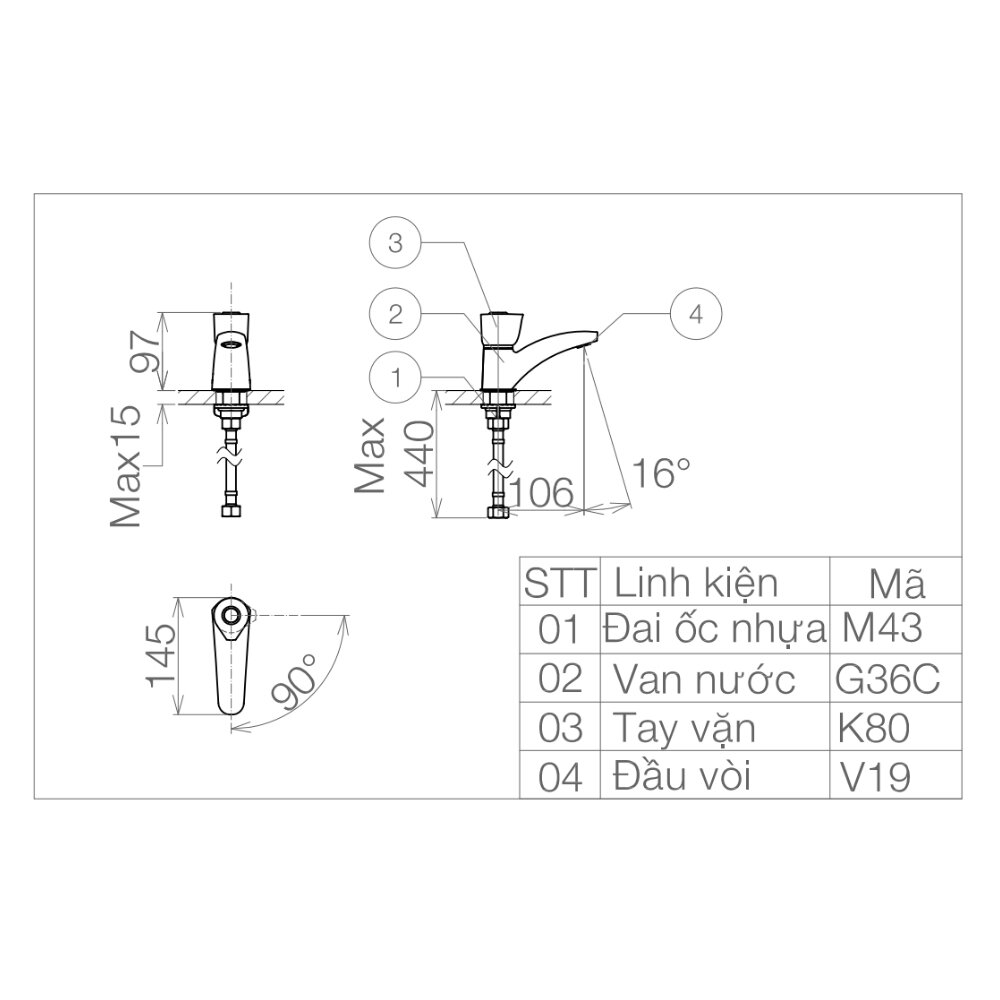 Bản vẽ kỹ thuật vòi chậu lavabo lạnh Viglacera VG106
