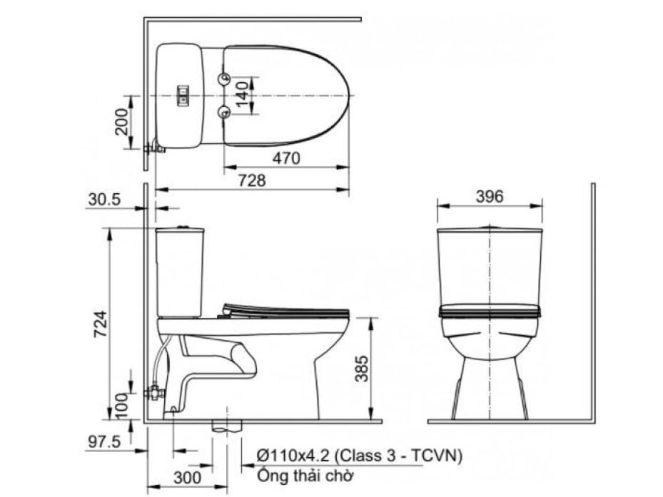 Kích thước Inax C-514VAN Inax C-514VAN