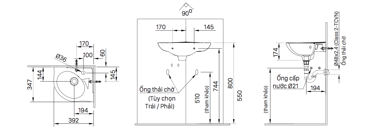 Bản vẽ kỹ thuật chậu rửa lavabo đặt góc tường INAX L-281V nhỏ