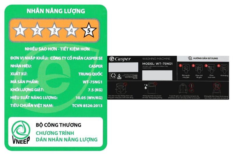 Máy giặt Casper 7.5 kg WT-75NG1 tiết kiệm điện nước