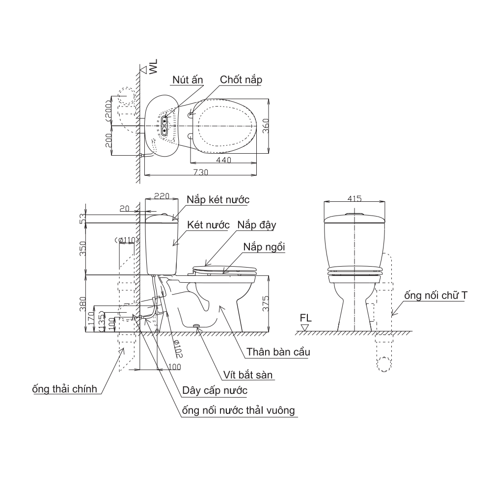 Bản vẽ kỹ thuật bồn cầu INAX 2 khối C-306VPT thoát ngang