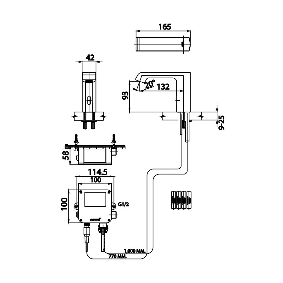 Bản vẽ kỹ thuật vòi lavabo cảm ứng COTTO dùng pin CT4901DC