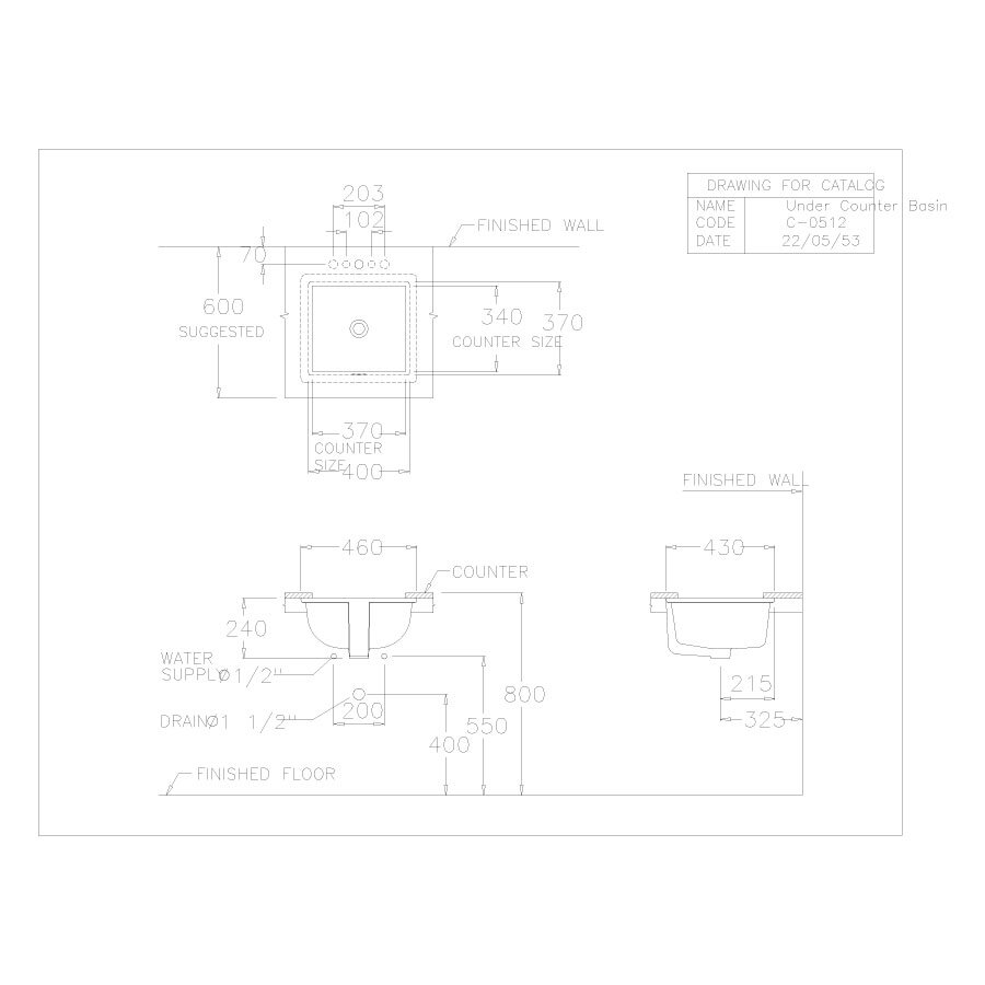 Bản vẽ kỹ thuật chậu rửa lavabo COTTO âm bàn C0512
