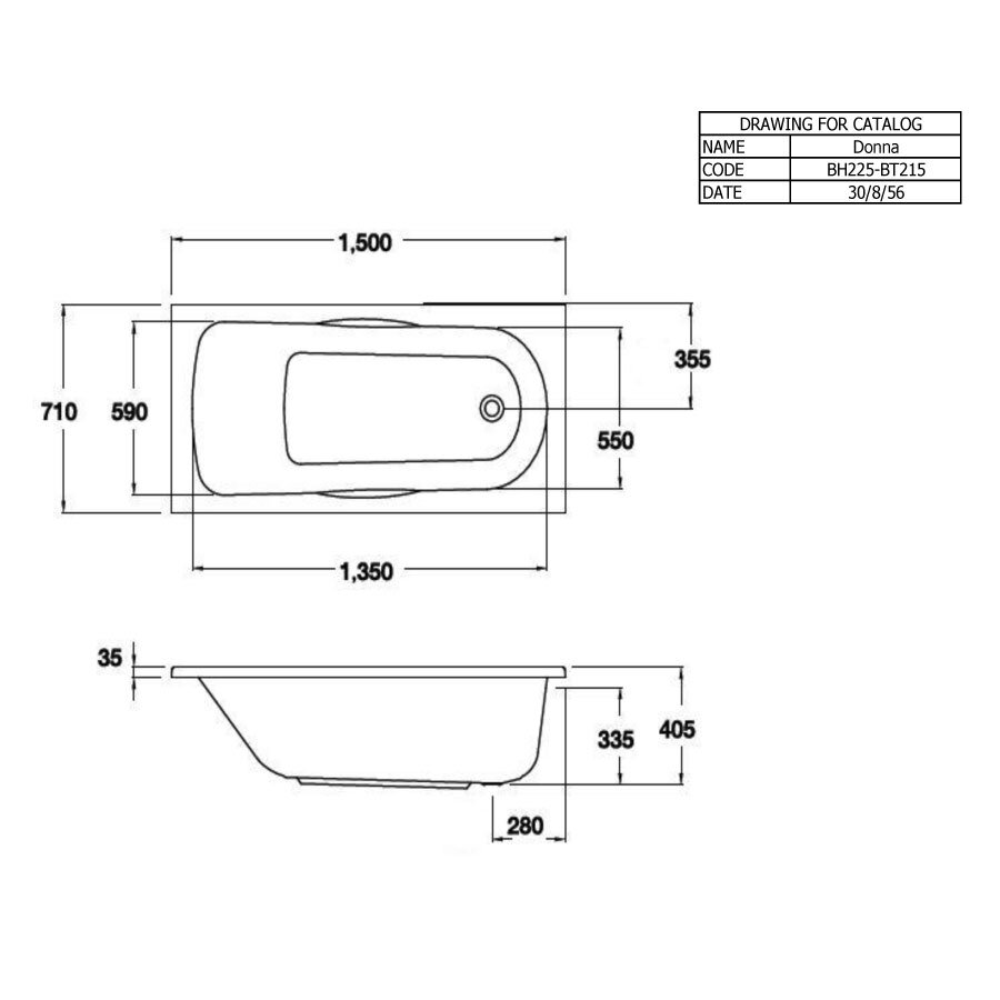 Bản vẽ kỹ thuật bồn tắm COTTO BT215D(H) / BT215PP(H) xây bệ không tay vịn