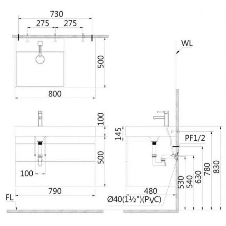 Bản vẽ kỹ thuật 2D bồn chậu lavabo CAESAR LF5382 đặt trên bàn