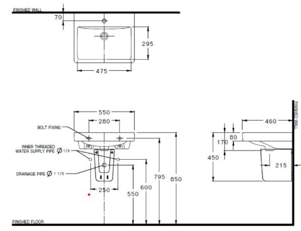 Bản vẽ kỹ thuật chậu rửa lavabo treo tường chân lửng C0156/C420 COTTO