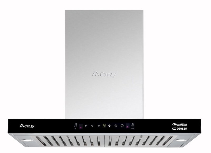Máy hút mùi Canzy D70S35 sở hữu thiết kế áp tường hiện đại với gam màu bạc inox trang nhã