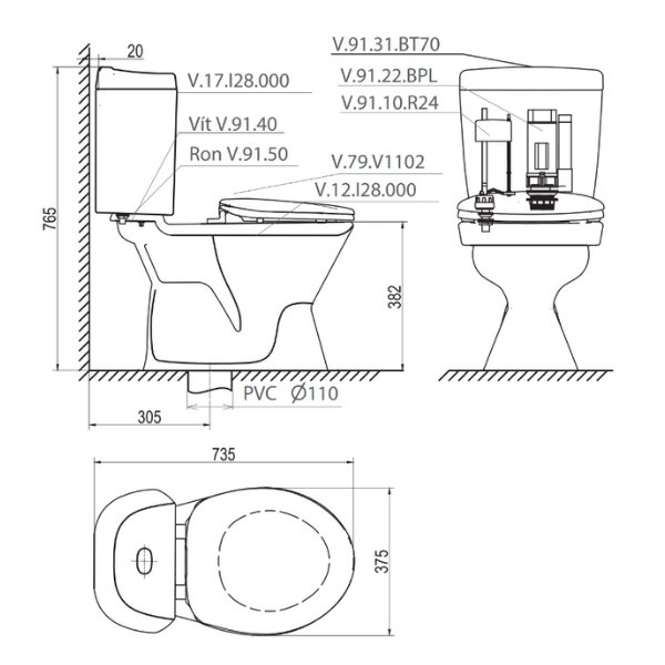 Bản vẽ kỹ thuật bồn cầu 2 khối Viglacera VI28 nắp thường (+ lavabo VTL2)