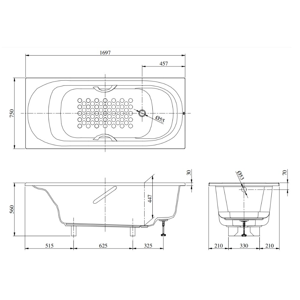 Bản vẽ kỹ thuật bồn tắm TOTO PPY1750HPE#P ngọc trai 1m7 tay vịn
