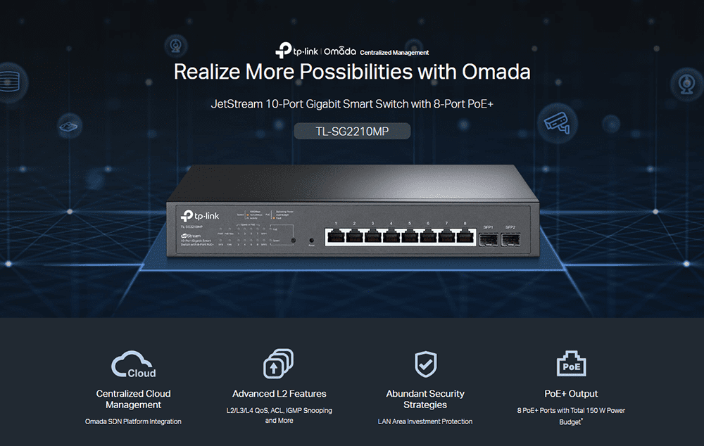 Thiết bị chia mạng TP-Link TL-SG2210MP Smart Switch 116W POE, 2SFP 