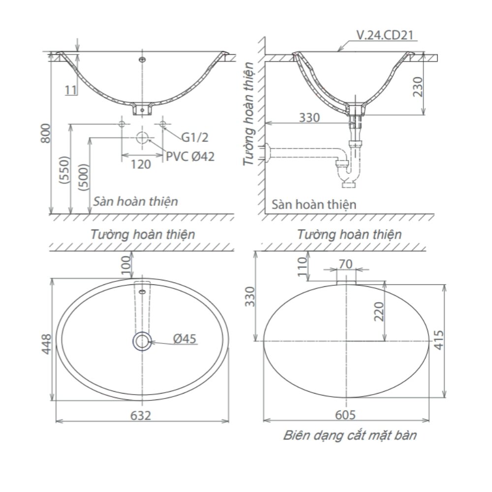 Bản vẽ kỹ thuật chậu lavabo dương vành Viglacera CD21