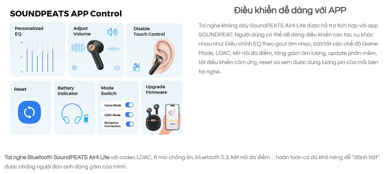 Tai nghe Bluetooth Soundpeats Air4 Lite Đen