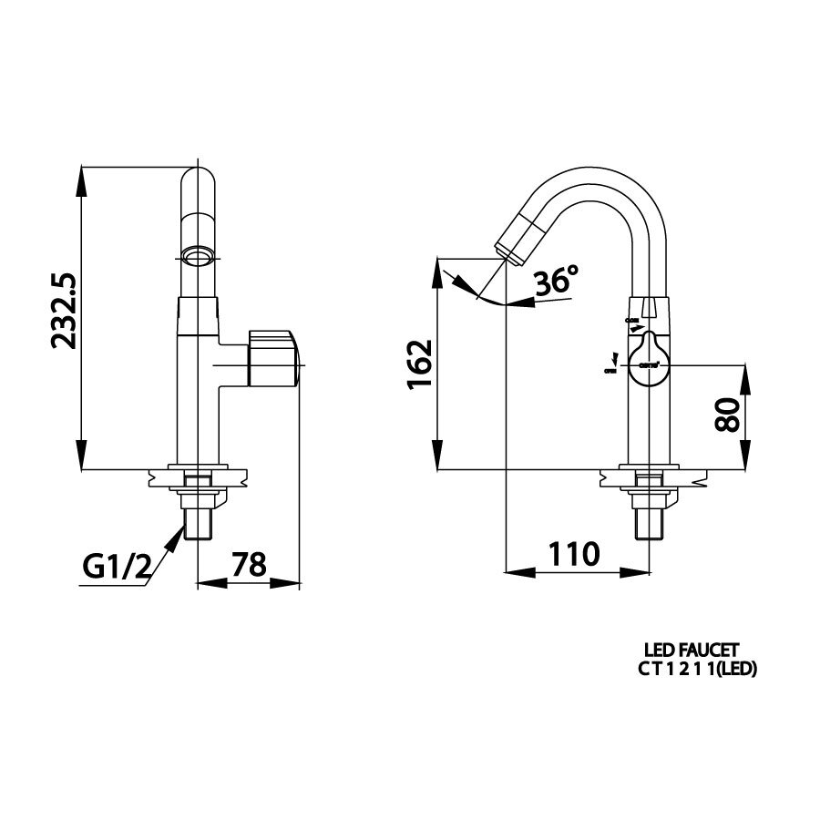 Bản vẽ kỹ thuật vòi lavabo lạnh COTTO CT1211(LED)
