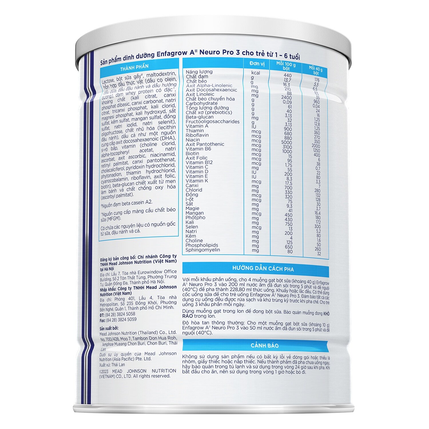 Thành phần của sữa Enfagrow A2 Neuropro 3 350g