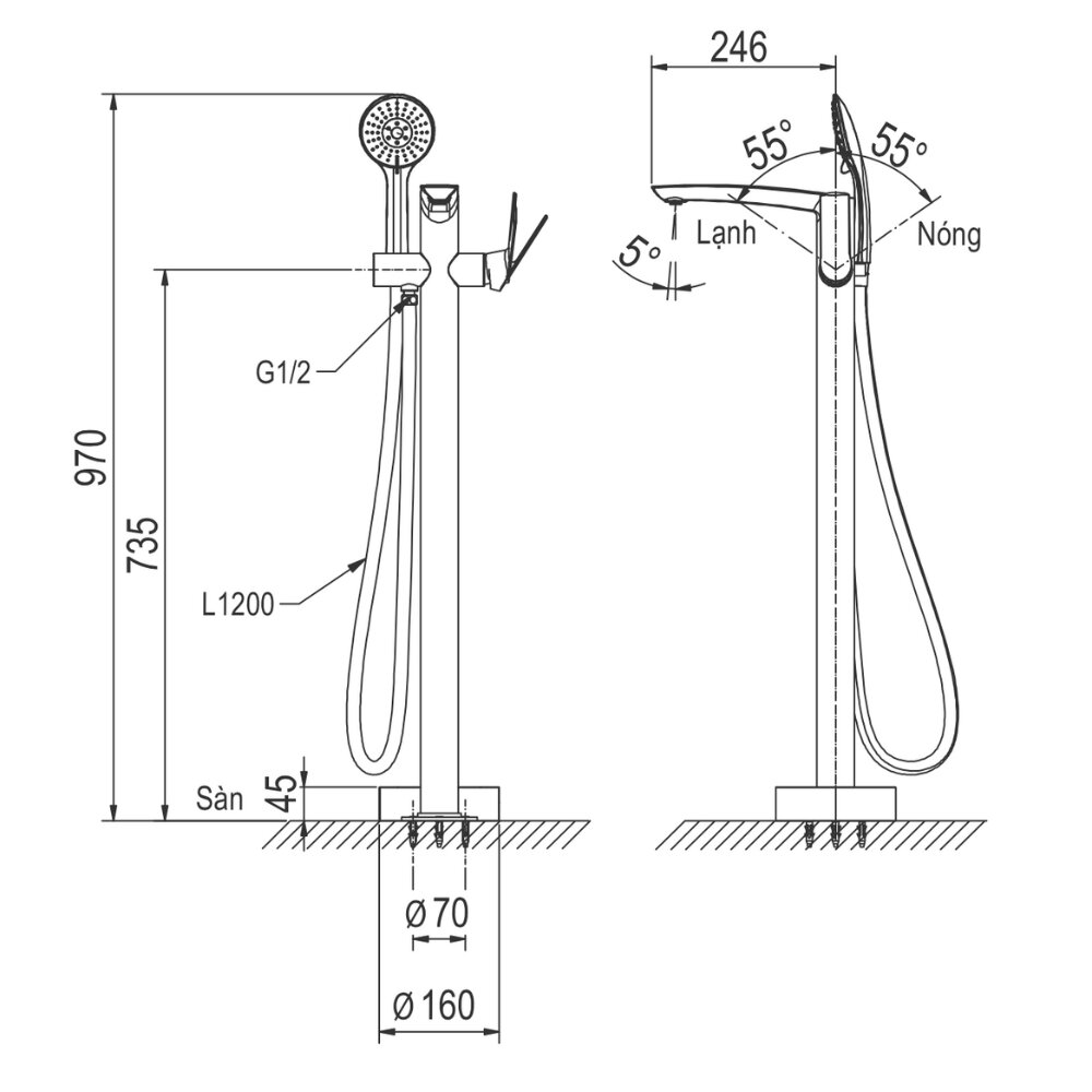 Bản vẽ kỹ thuật của vòi sen xả bồn tắm đặt sàn Viglacera Platinum P.50.320