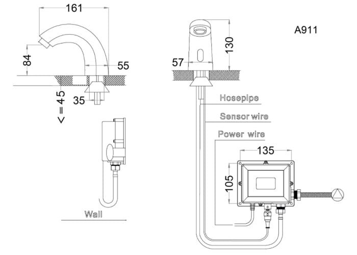 Bản vẽ kích thước vòi rửa cảm ứng Caesar A911 Caesar A911
