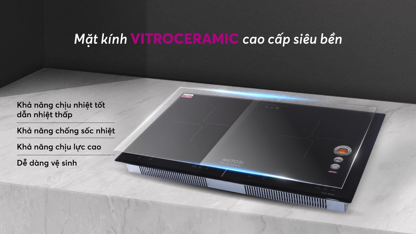 Bếp từ Mutosi MI-88DI có mặt bếp được làm từ mặt kính pha lê Vitroceramic