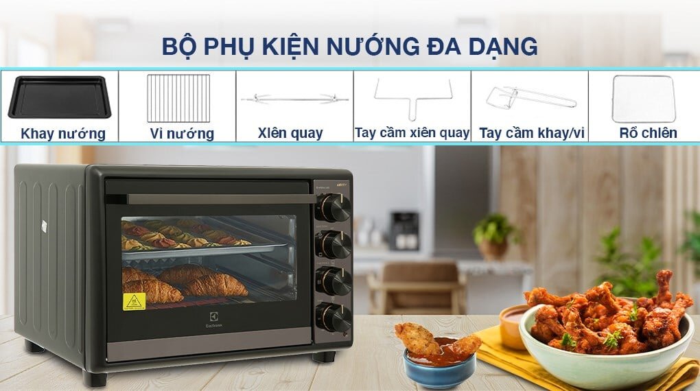 Lò nướng để bàn Electrolux EOT5622XFG đi kèm nhiều phụ kiện