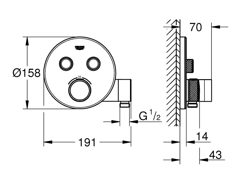 Bản vẽ kỹ thuật mặt bộ trộn âm ổn nhiệt GROHE 29120000 Smart Control