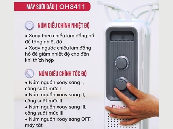 Máy sưởi dầu Fujihome OH8411 có núm điều chỉnh nhiệt độ, tốc độ Máy sưởi dầu Fujihome OH8411 có núm điều chỉnh nhiệt độ, tốc độ