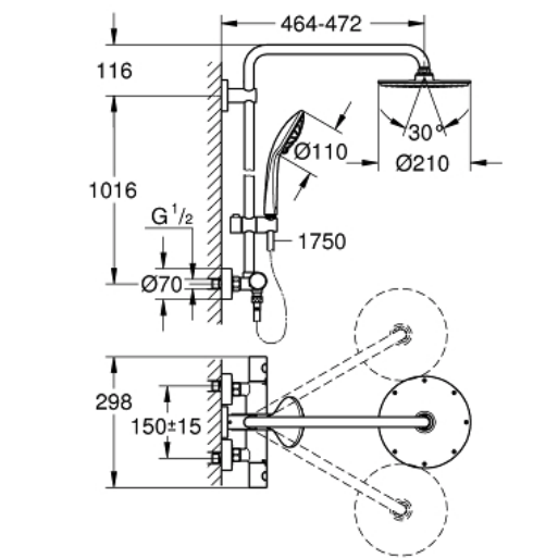 Bản vẽ kỹ thuật vòi sen cây ổn nhiệt GROHE 27964000