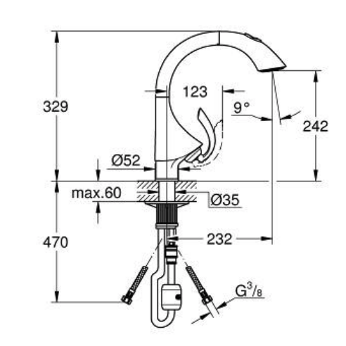 Bản vẽ kỹ thuật vòi bếp nóng lạnh Grohe 33782000