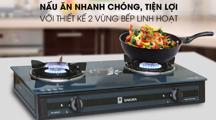 bếp ga Sakura SA-690NK này sở hữu thiết kế sang trọng, hiện đại có 2 vùng nấu tiện ích