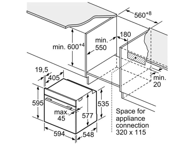 Kích thước lắp đặt lò nướng Bosch HBG635BS1