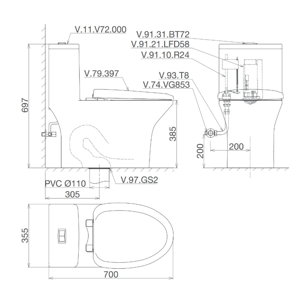 Bản vẽ kỹ thuật bồn cầu 1 khối Viglacera V72-CAU nắp êm (+ vòi xịt VG826)