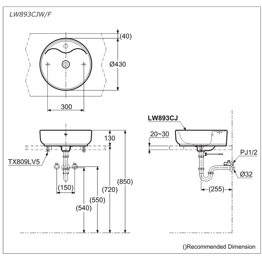 Bản vẽ kỹ thuật 2D chậu rửa mặt TOTO đặt bàn LW893CJW