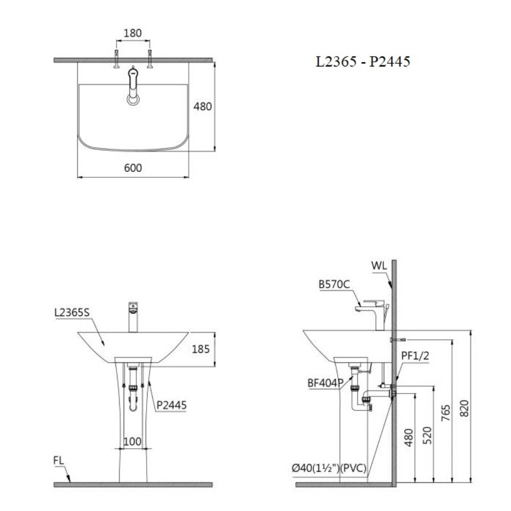 Bản vẽ kỹ thuật của chậu rửa lavabo treo tường chân dài Caesar L2365+P2445