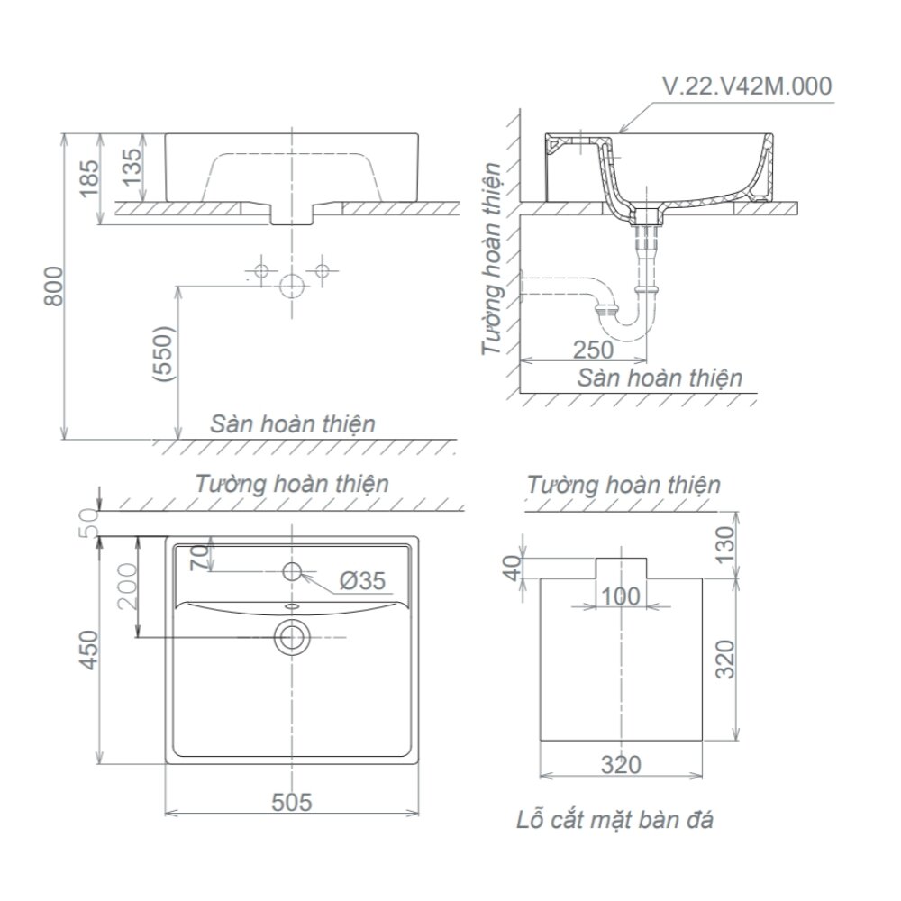 Bản vẽ kỹ thuật chậu lavabo đặt bàn Viglacera V42M