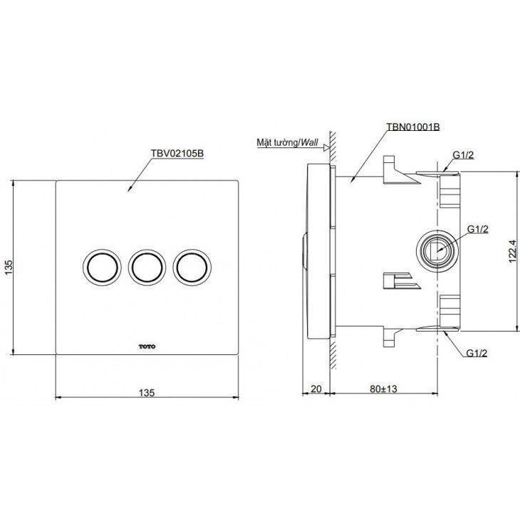 Bản vẽ kỹ thuật van 3 đường nước TOTO TBV02105B kèm phụ kiện âm tường TBN01001B