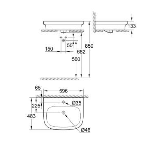 Bản vẽ kỹ thuật chậu rửa lavabo bán âm Eurosmart Grohe 39198000
