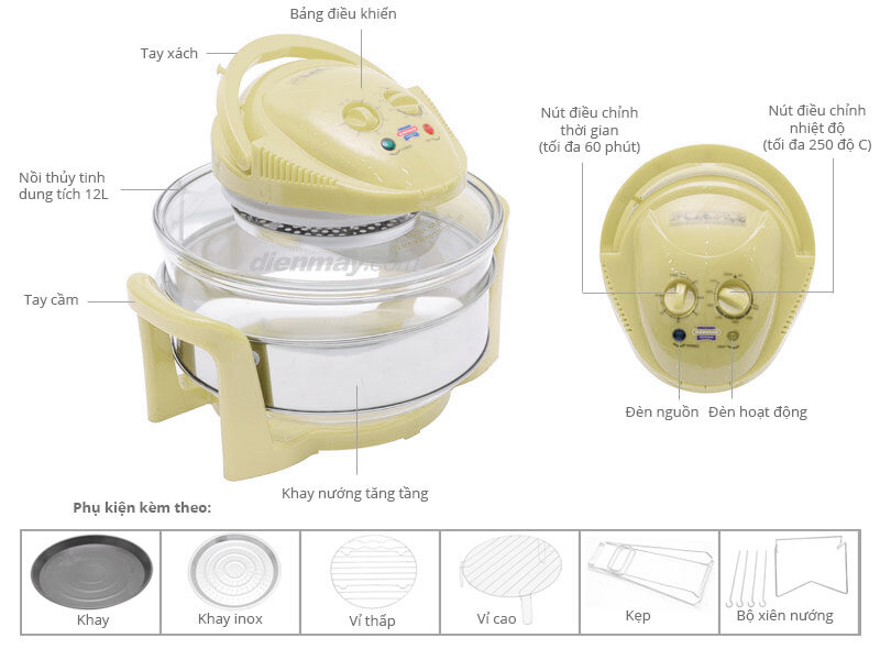 Lò nướng thủy tinh Sunhouse SH-412 12 lít Vàng