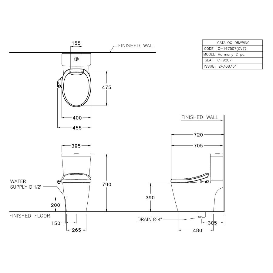 Bản vẽ kỹ thuật bồn cầu 2 khối COTTO nắp điện tử C167507(CV7)