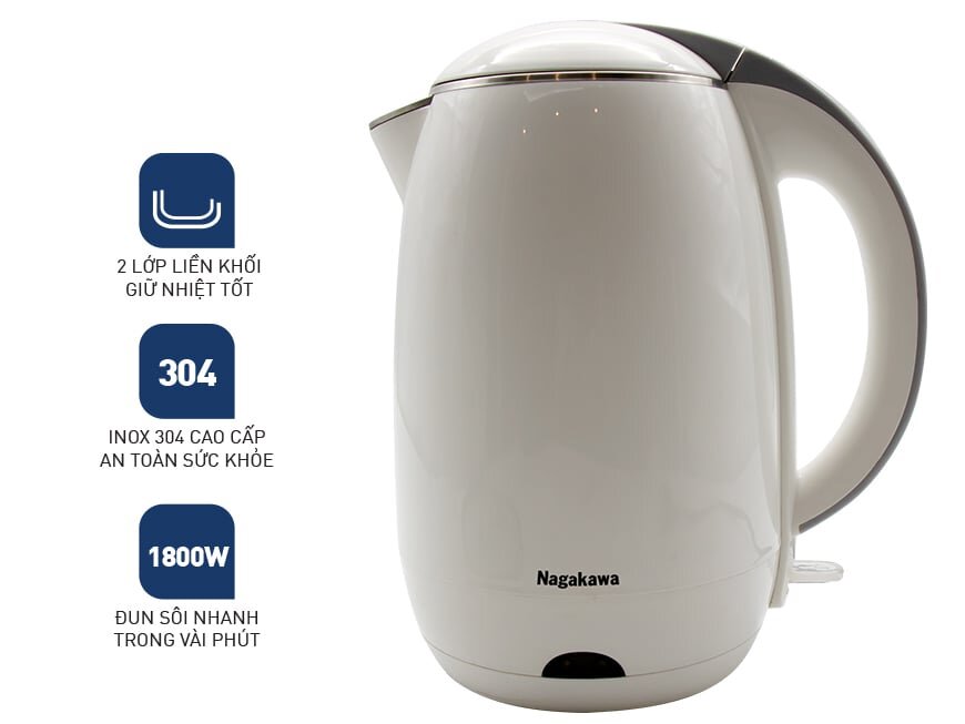 Ấm siêu tốc 2 lớp 1,8 lít Nagakawa NAG0314