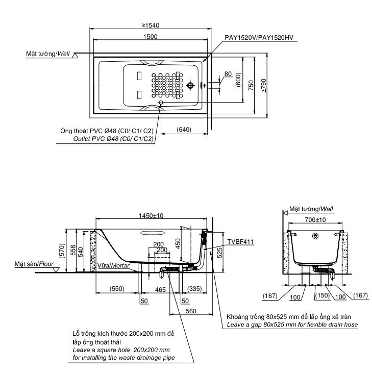 Bản Vẽ Kỹ Thuật Bồn Tắm TOTO PAY1520HV#W