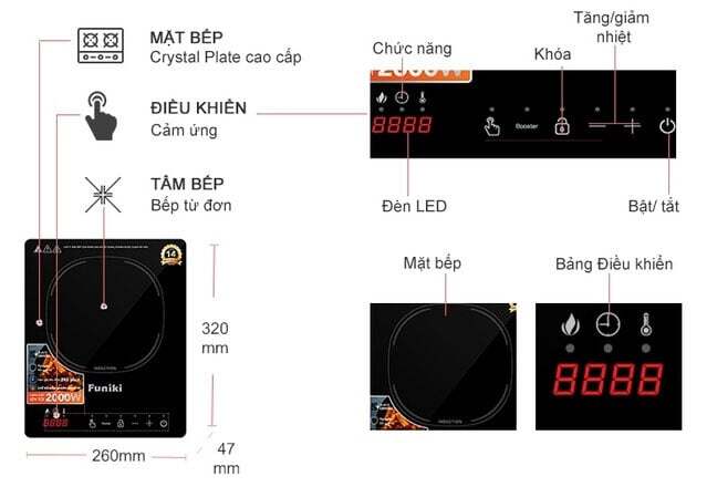 Cấu tạo và kích thước của bếp điện từ đơn Funiki HSD8136 Cấu tạo và kích thước của bếp điện từ đơn Funiki HSD8136
