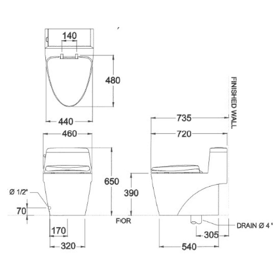 Bản vẽ kỹ thuật bồn cầu 1 khối COTTO nắp êm C10527
