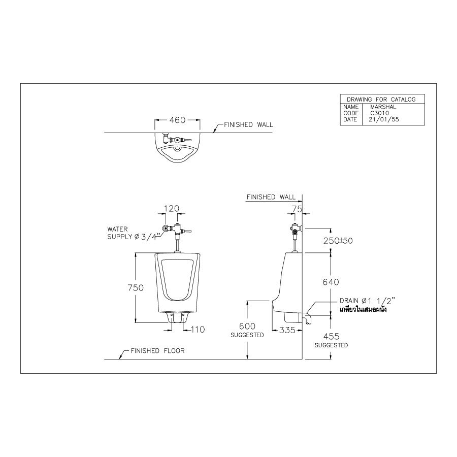 Bản vẽ kỹ thuật bồn tiểu nam COTTO treo tường C3010