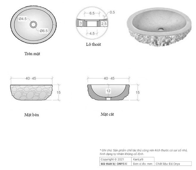 Bản vẽ kỹ thuật Lavabo bằng đá ONYX Kanly ONY59i