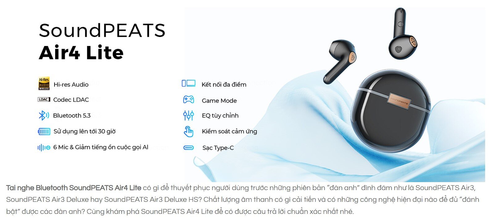 Tai nghe Bluetooth Soundpeats Air4 Lite Đen