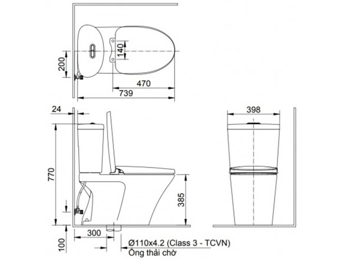 Bản vẽ kỹ thuật bồn cầu nắp rửa cơ INAX AC-700A + CW-S32VN