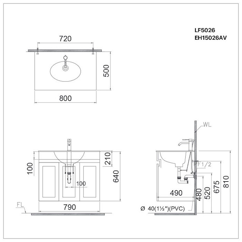 Bản vẽ kỹ thuật tủ chậu cabinet Caesar EH15026AV