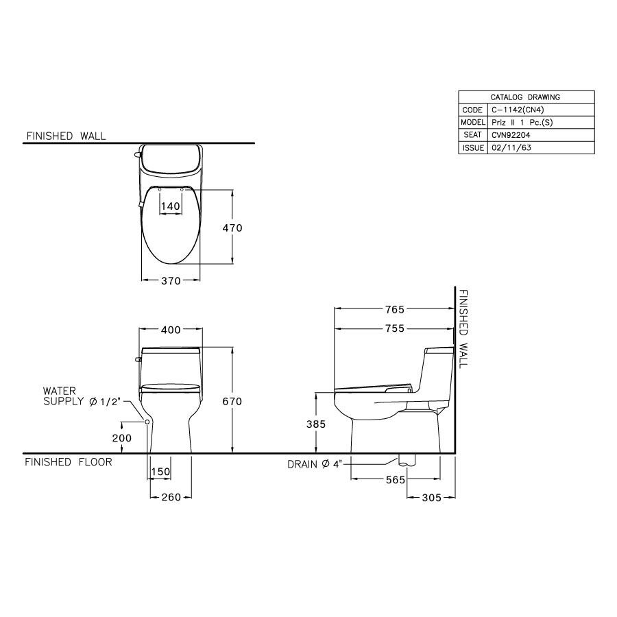 Bản vẽ kỹ thuật bồn cầu 1 khối COTTO C1142(CN4) nắp đóng êm Victor